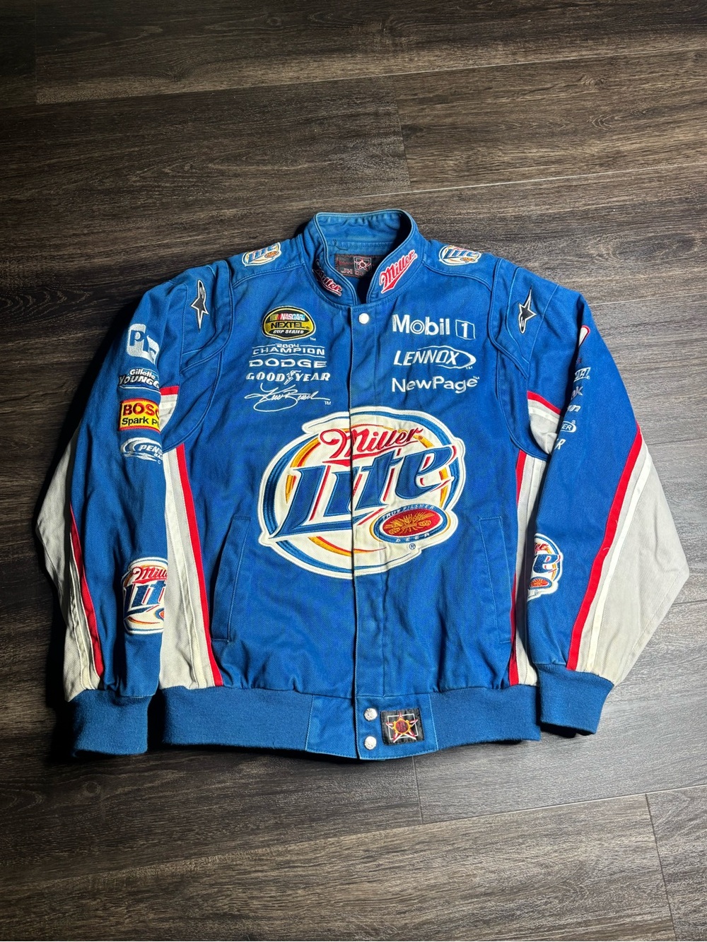 Vintage Jeff Hamilton Kurt Busch Miller Lite NASCAR Jacket Blue Mens L Racing